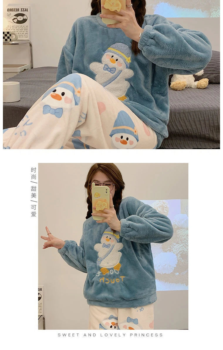 Autumn Winter Women's Pajamas Cute Cartoon Printed Sleepwear Casual Home Wear Set Girl Knitted Size M-3XL Pijamas Fashion Pyjama