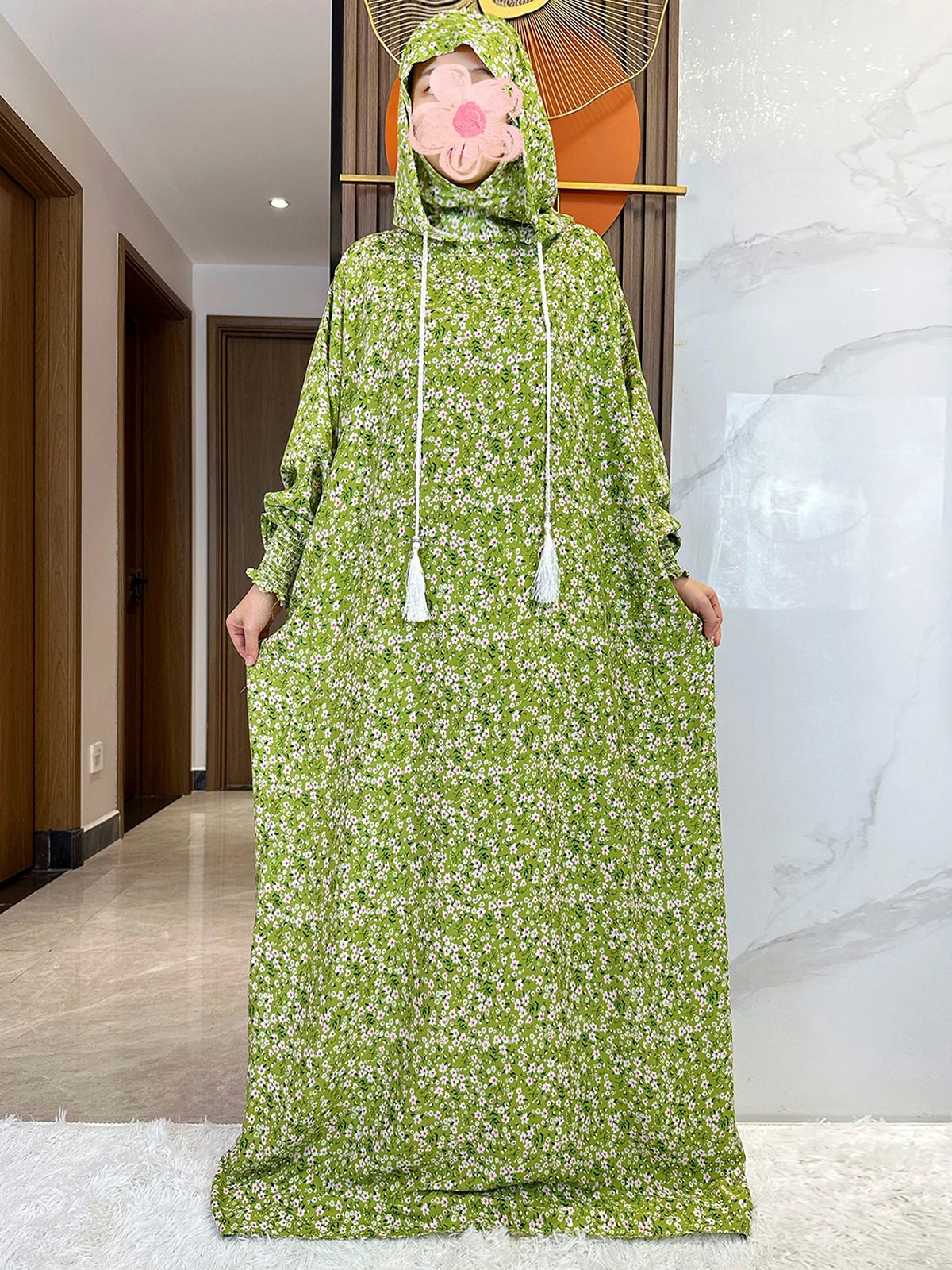 New Ramadan Muslim Two Hats Abaya Dubai Turkey Islam Prayer Clothes Floral Cotton Long Dress Islam Women Dress Kaftan