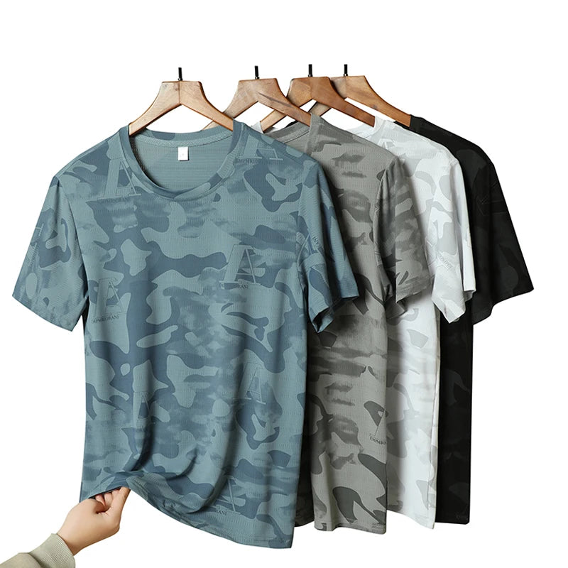 2023 Summer New Ice Silk T-shirt Camo Personalized European, American, British Wind Speed Dry Short Sleeve T-shirt