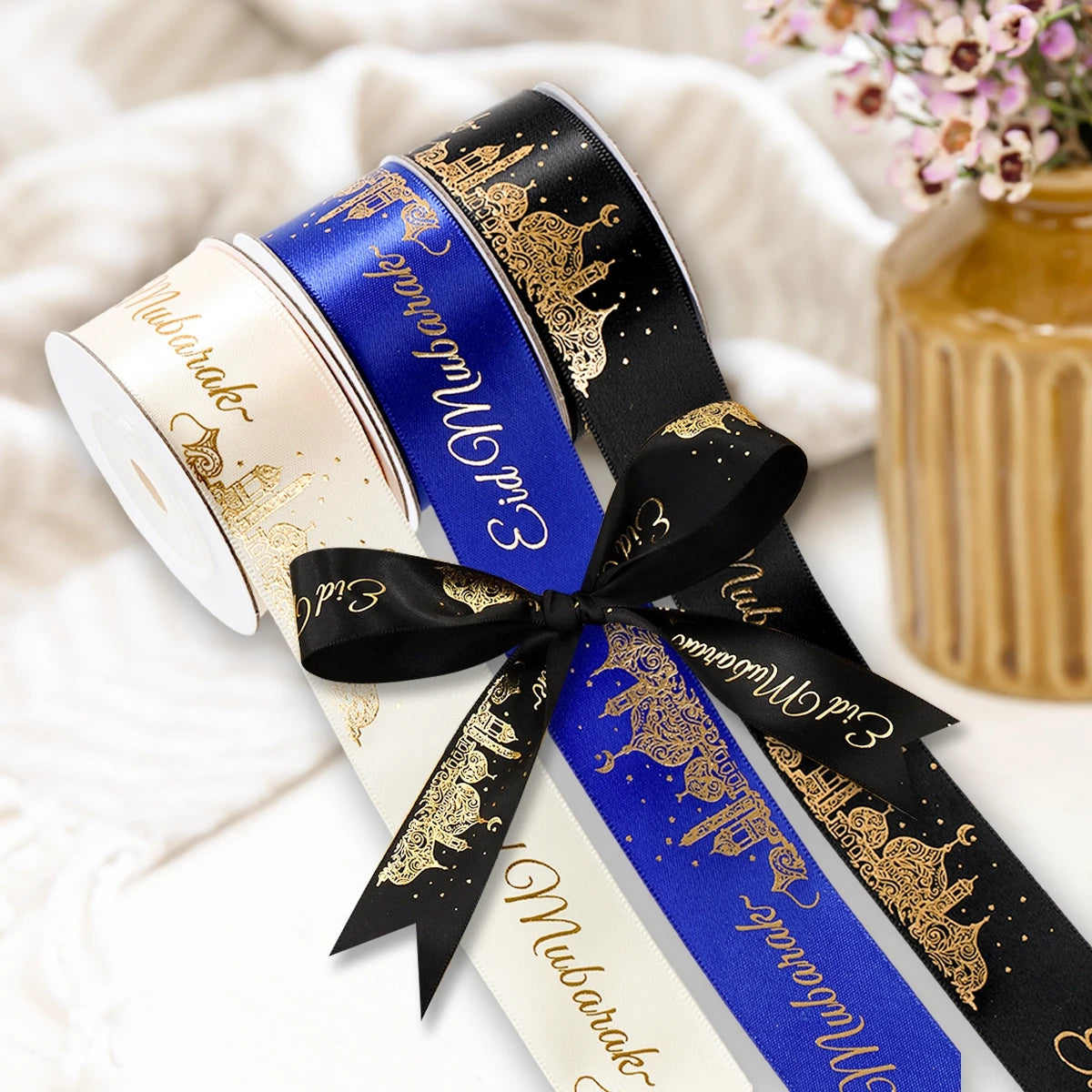 Eid Mubarak Ribbons Gift Wrap Satin Ribbon Ramadan Decor 2025 For Home Ramadan Kareem Islamic Muslim Party Eid Al Adha Gifts