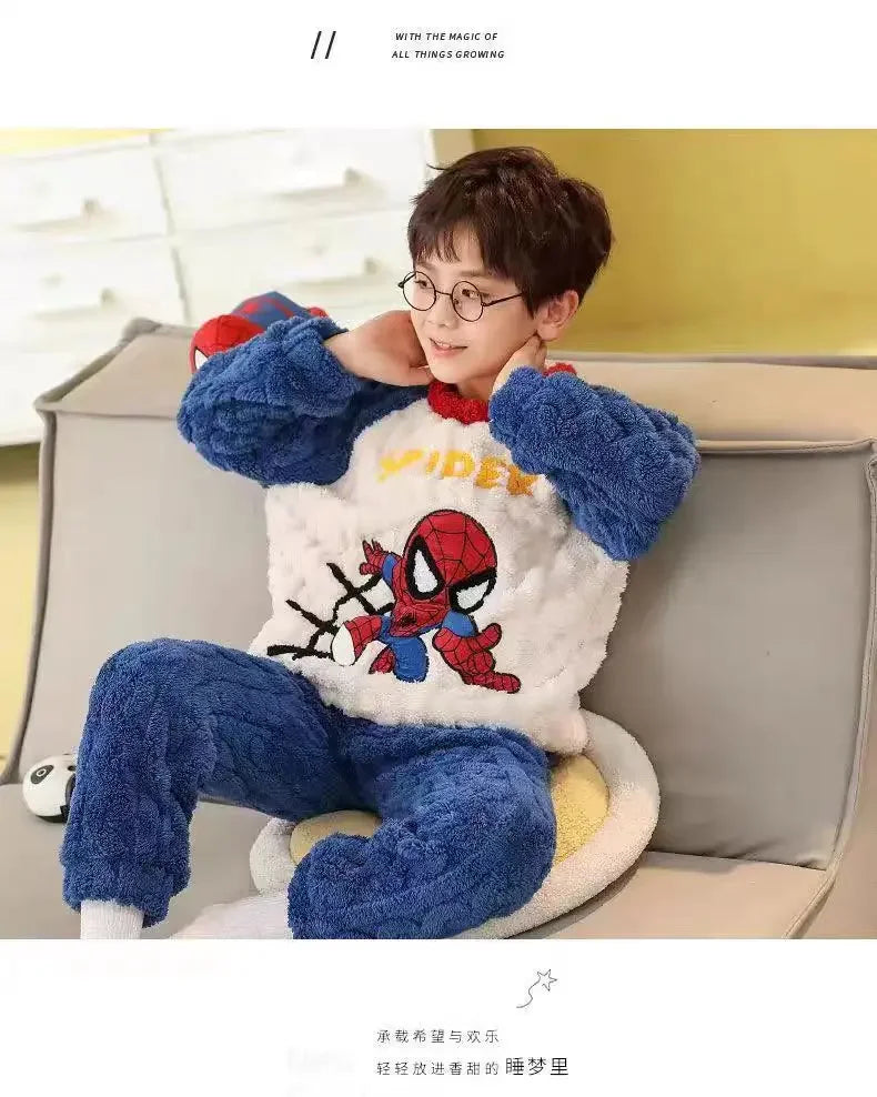 Winter Disney Children Clothing Boys Sleepwear Set Flannel Thick Long Sleeve Warm Set Pajamas Two Pieces Kids Clothes Spiderman