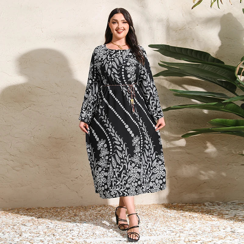 Plus Size Spring Summer Women Dress O-neck Maxi Dresses Floral Pring Robe Long Sleeves Female Sundress Casual Islamic Clothing