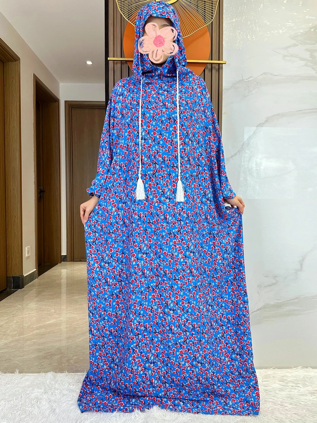 New Ramadan Muslim Two Hats Abaya Dubai Turkey Islam Prayer Clothes Floral Cotton Long Dress Islam Women Dress Kaftan