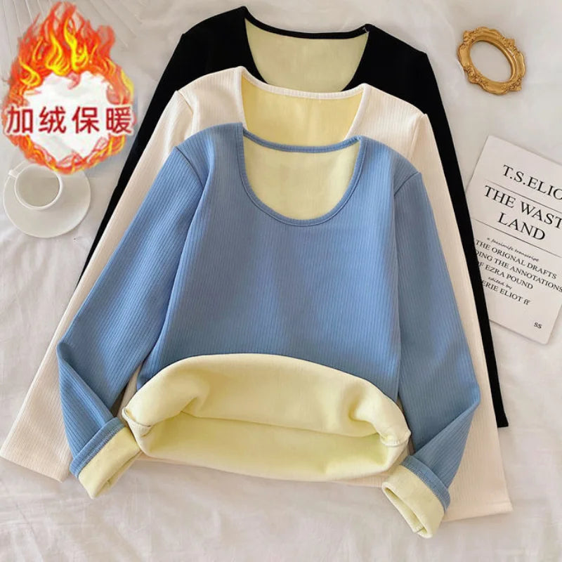 Warm O Neck Long Sleeve Tops Winter Women T Shirts Thread Casual Slim Solid Color Simple Add Fleece and Thicken T-Shirts