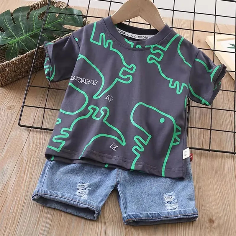 Summer Baby Boys Clothing Suits Childrens Set Dinosaur Print Tshirt+Denim Shorts 2 Pcs/sets Fashion  Children'clothes