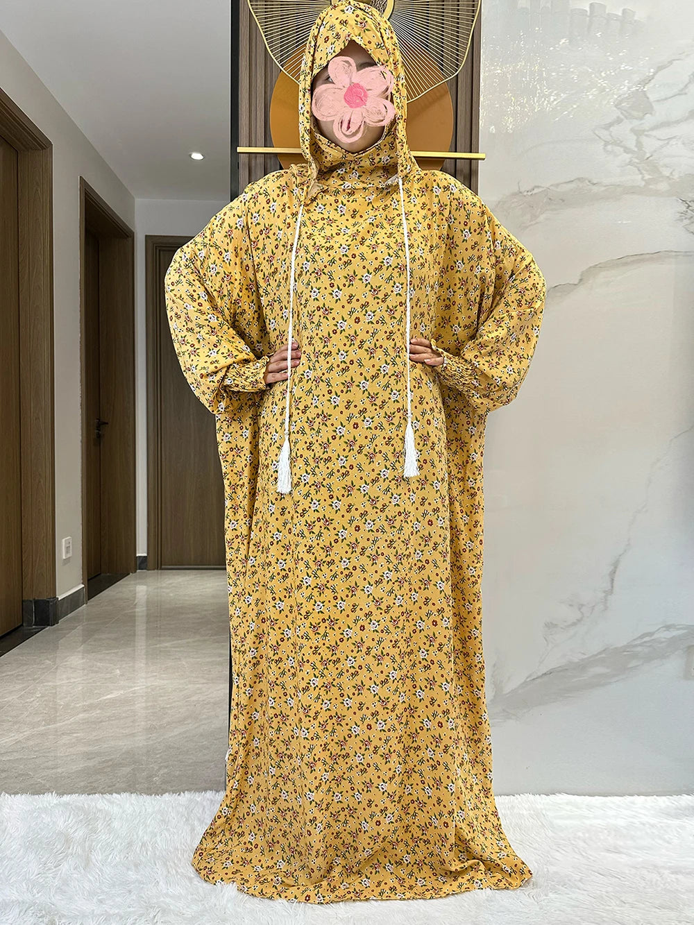 New Ramadan Muslim Two Hats Abaya Dubai Turkey Islam Prayer Clothes Floral Cotton Long Dress Islam Women Dress Kaftan