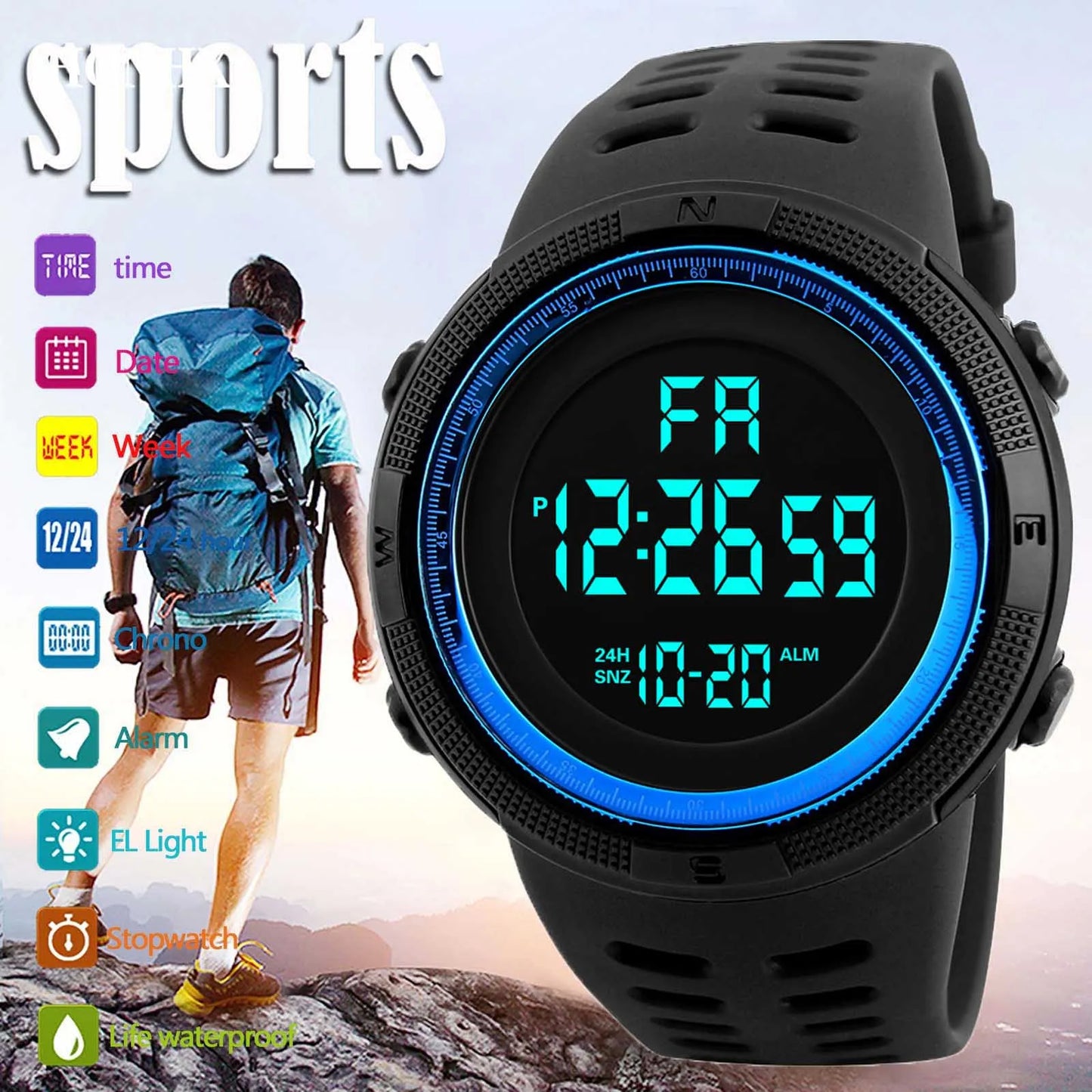 YIKAZE Men's Digital Electronic Watch Sports Glow 50mm Large Dial Student Outdoor Adventure Trend Multifunctional Watches Clock