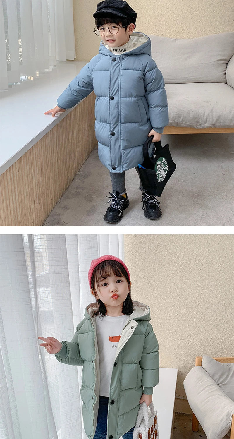 Children's Down Coat Winter Teenage Baby Boys Girls Cotton-padded Parka & Coats Thicken Warm Long Jackets Toddler Kids Outerwear