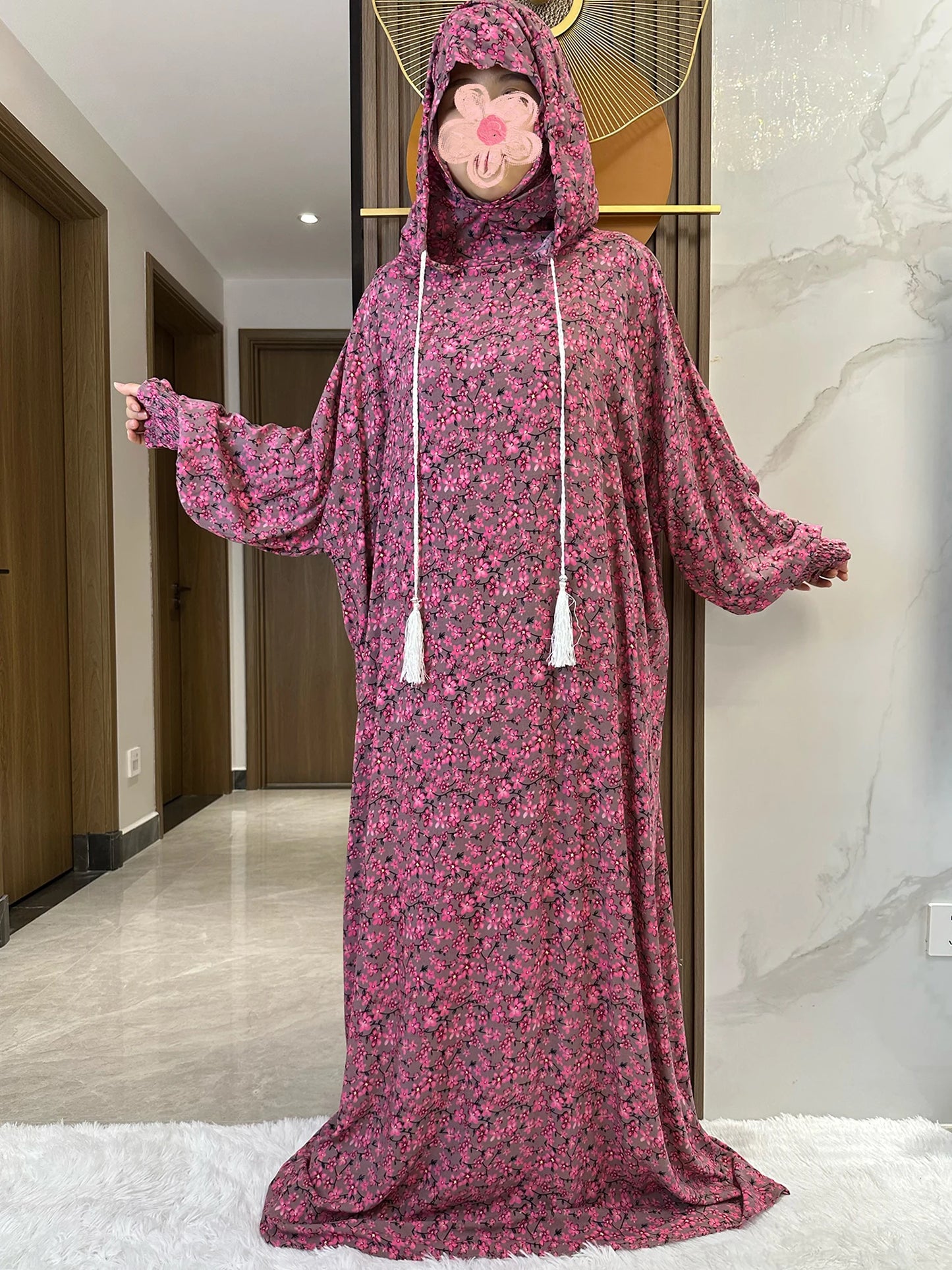 New Ramadan Muslim Two Hats Abaya Dubai Turkey Islam Prayer Clothes Floral Cotton Long Dress Islam Women Dress Kaftan