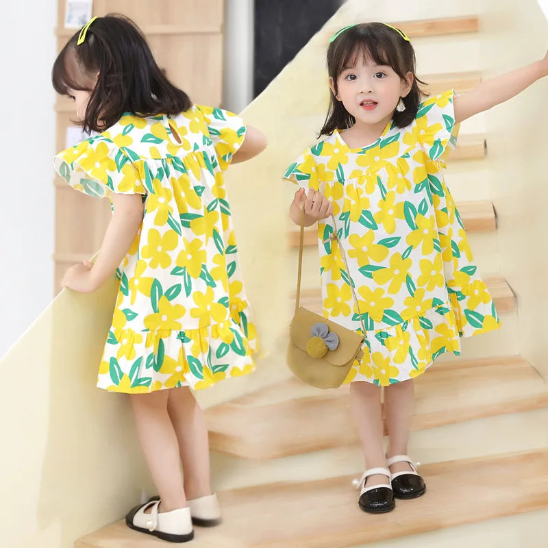 Girl Dresses100% Cotton Children's Clothing Summer Kids Clothes Girls Party Princess Fashion Outfit Flower Pattern Beach Dresses