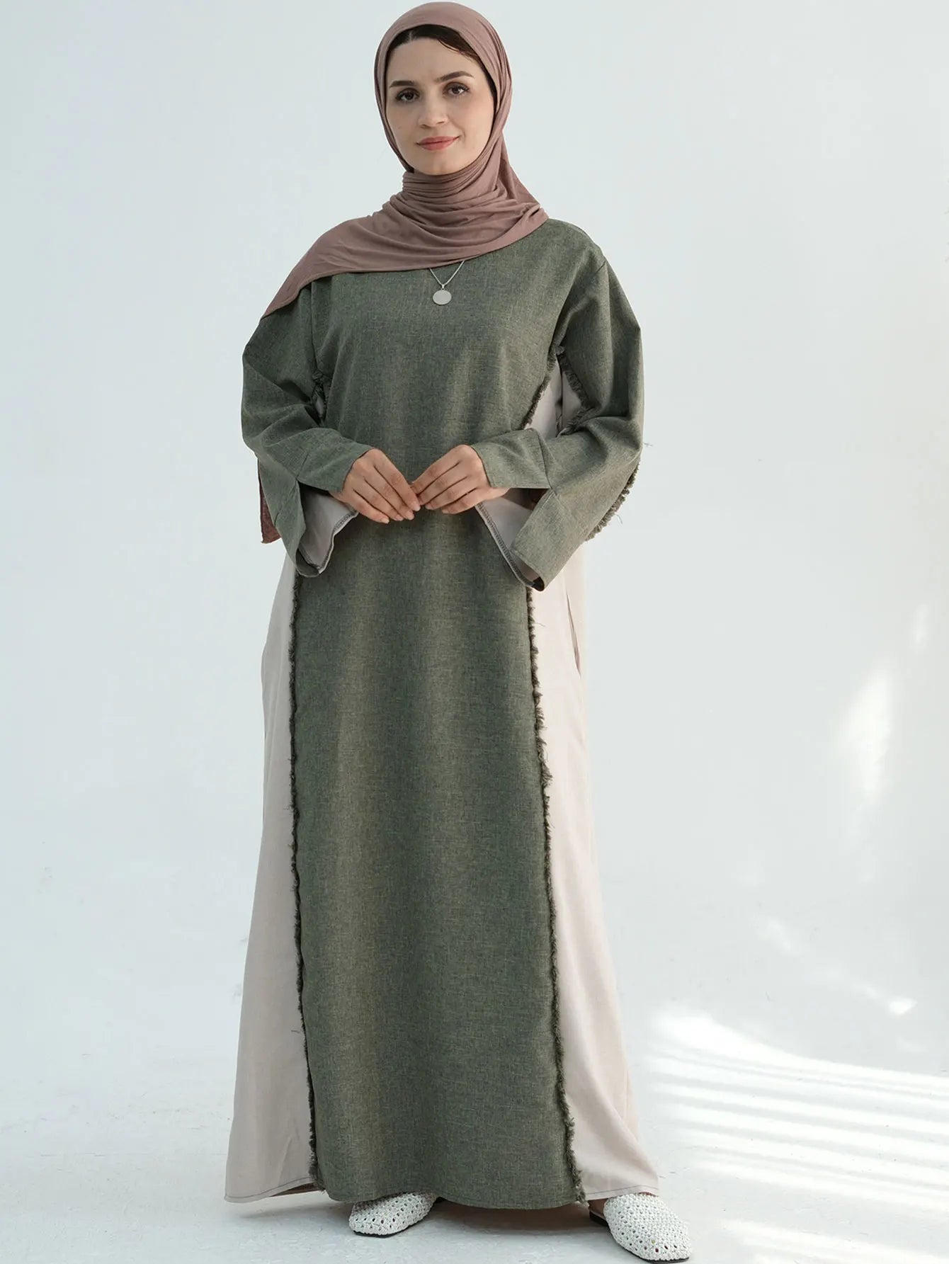 New Trend Contrast Color Women Dresses Modest Abaya Muslim Women Dress Linen Frayed Closed Abaya Ramadan EID Dubai Abaya 2025