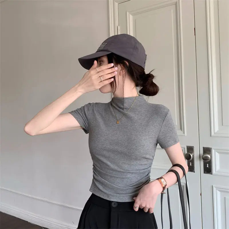 Fashion Women's Short T-shirt middle collar Slim fit Short Sleeve Casual Tee Tight Folds Wild High Waist Workout Yoga Tops