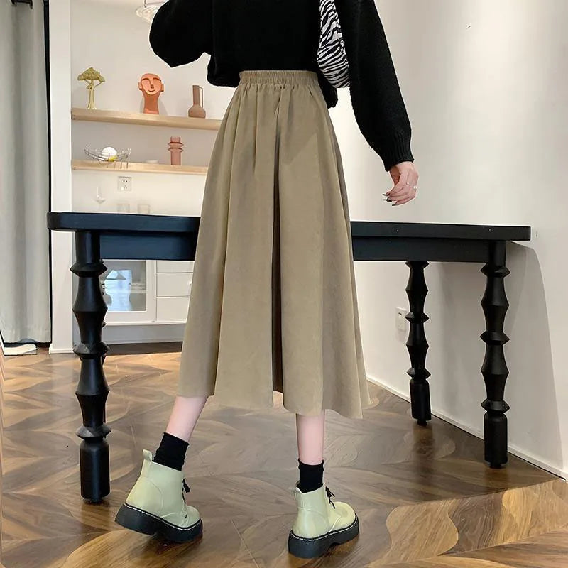 Xpqbb Korean Style Women's Midi Skirt 2022 Autumn High-Waisted Corduroy Long Skirt Women College Style Pleated A-Line Skirts