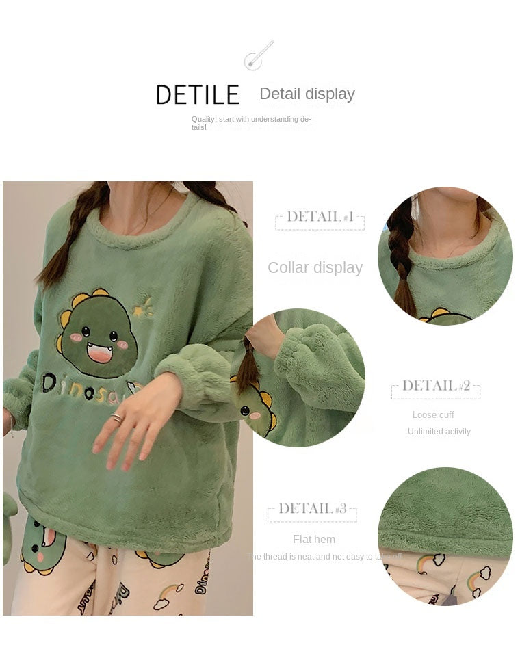 Autumn Winter Women's Pajamas Cute Cartoon Printed Sleepwear Casual Home Wear Set Girl Knitted Size M-3XL Pijamas Fashion Pyjama