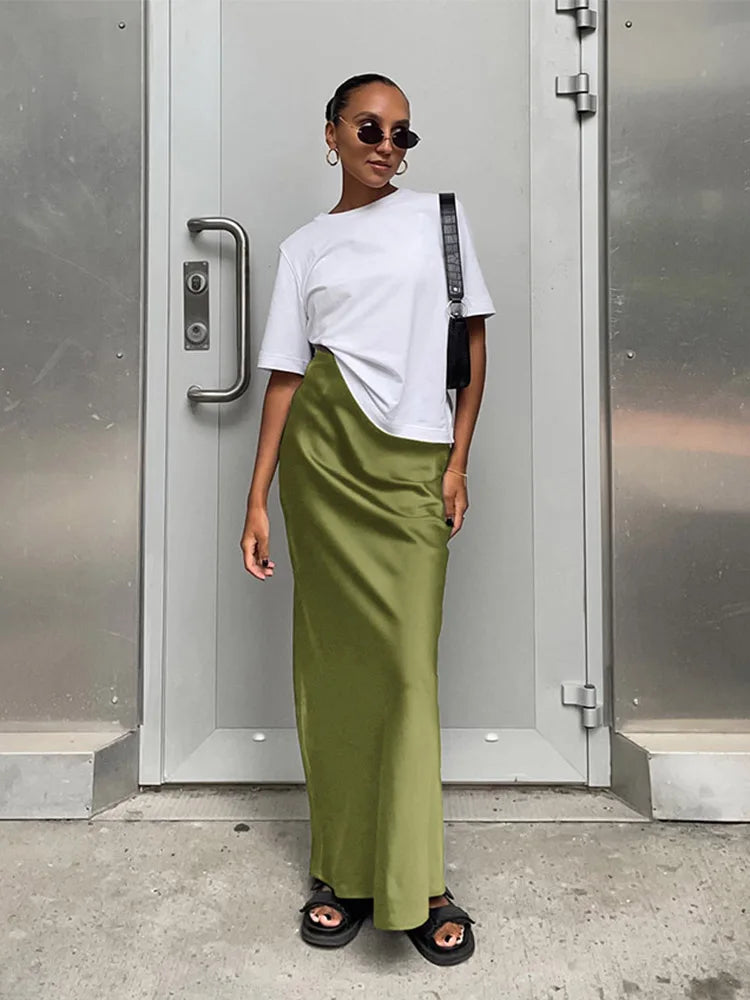 Elegant Satin Black Trumpet Skirts Fashion Slim High Waist Skirts Women Female  Solid Office Long Skirt Spring Summer