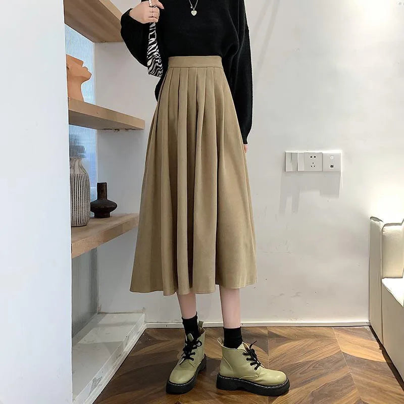 Xpqbb Korean Style Women's Midi Skirt 2022 Autumn High-Waisted Corduroy Long Skirt Women College Style Pleated A-Line Skirts