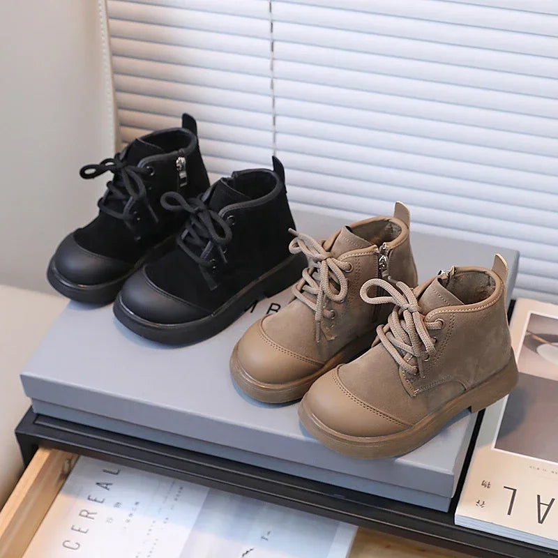 2023 New Girls Casual Shoes Non-slip Simple Children Fashion Boys Leather Boots Spring and Autumn New Kids Cotton Shoes Non-slip