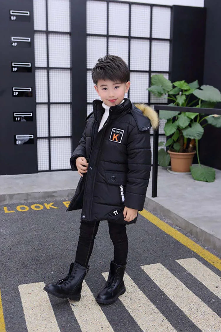 Boys Long Jacket Coat Overcoat Cotton 2024 Blue Black Khaki Warm Thicken Winter Plus Size Children's Clothing