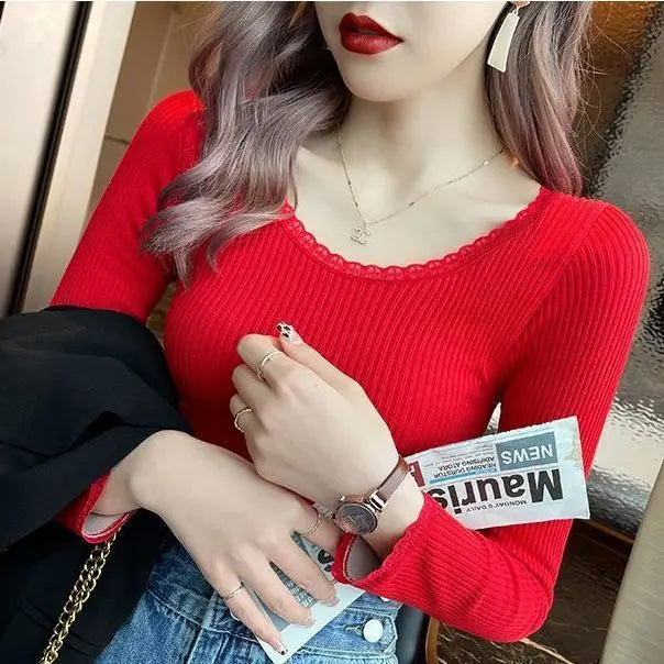 Thermal Underwear Women Winter Bottoming Shirt Fleece Warm Solid Long-Sleeved Lambwool Close-fitting O-Neck Pullover