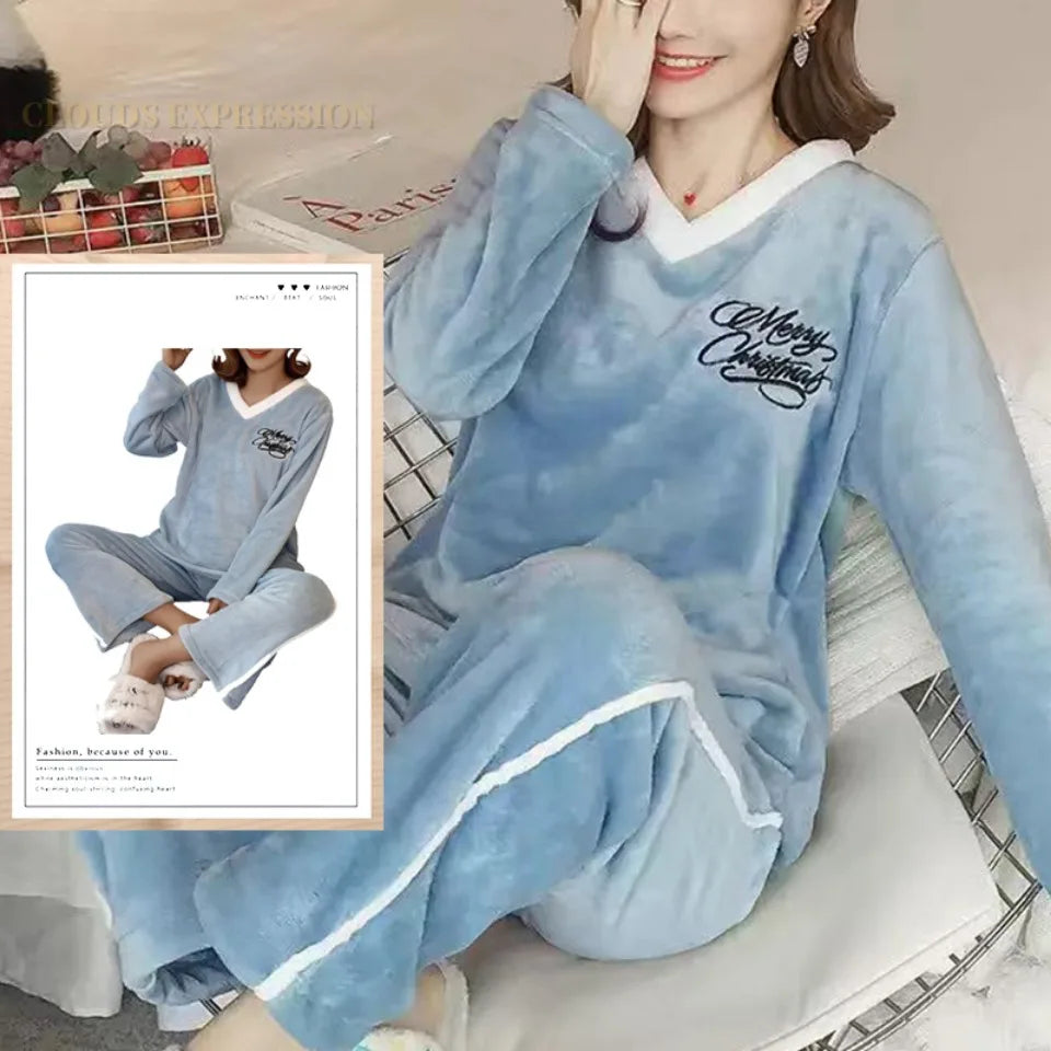 Autumn Winter Flannel Women Pajamas Sets Fashion Plaid Printed Teddy Sleepwear Velvet Homewear Kawaii Girsl Pijamas Mujer Pyjama