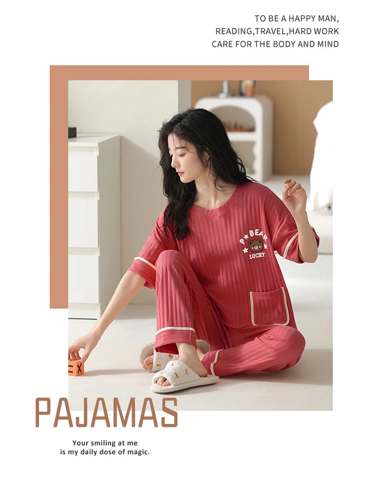 Big Size 5XL Pajama Sets Short Sleeved Cartoon Bear Knitted PJ Plaid Sleepwear Elegant Women's Pajamas Lounge Home Pijama Mujer