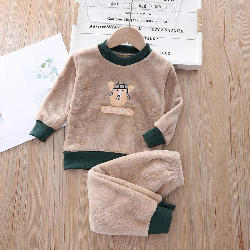 Autumn Winter Clothes Warm Kids Loungewear Suit Baby Girls Boys Velvet Cartoon Tops+Pant Children Homewear Set 1-6Years Kids Set