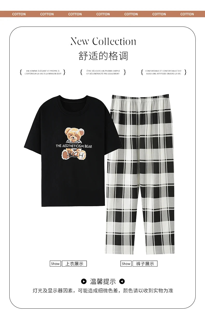 Big Size 5XL Pajama Sets Short Sleeved Cartoon Bear Knitted PJ Plaid Sleepwear Elegant Women's Pajamas Lounge Home Pijama Mujer