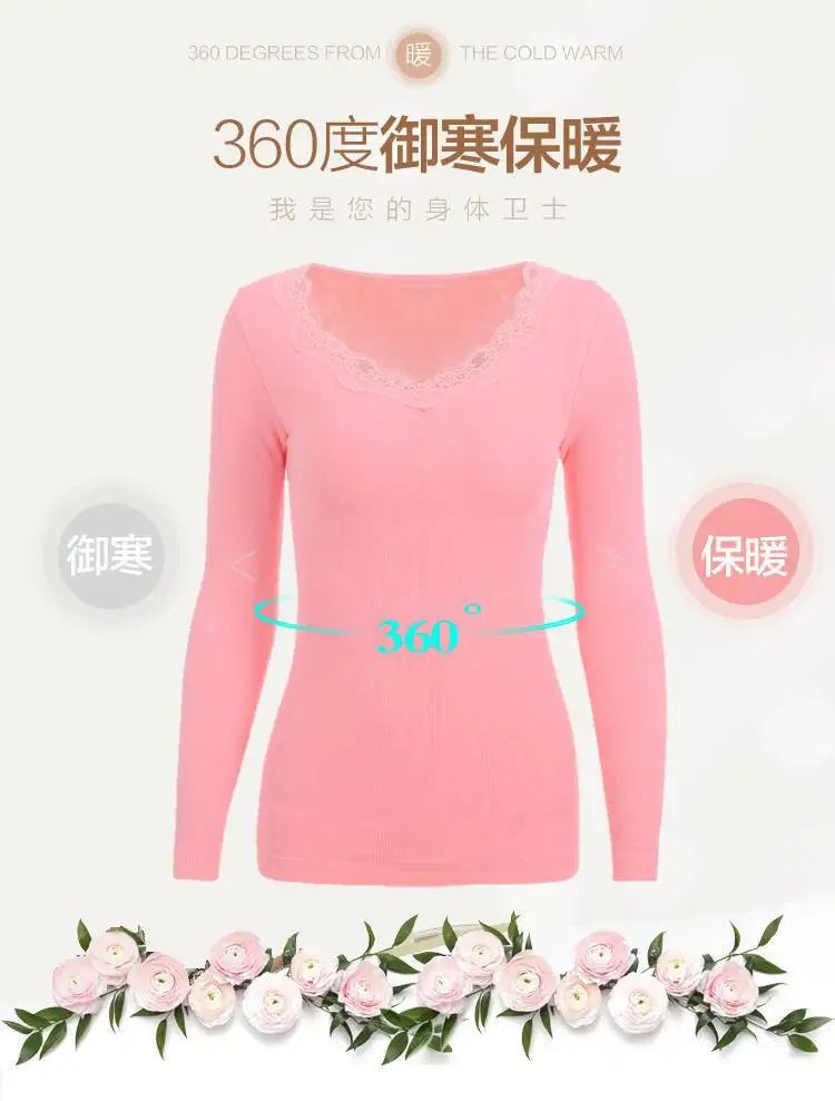 Women Winter Slim Fit Thermal T Shirt Thick Fleece Lace V-neck Solid Bottoming Shirt Thermal Underwear Long-sleeved Pullover Top