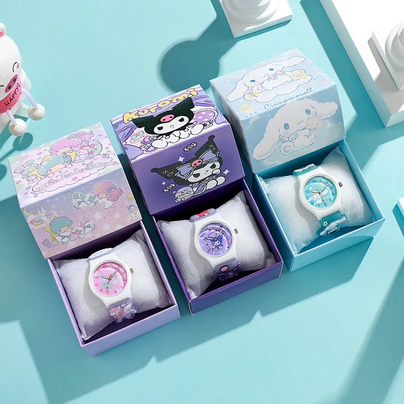 3D Hello Kitty Children Watches with box Cinnamoroll Kuromi Melody Girls Watch Anime Action Figures Model Toys Kid Clock Gift