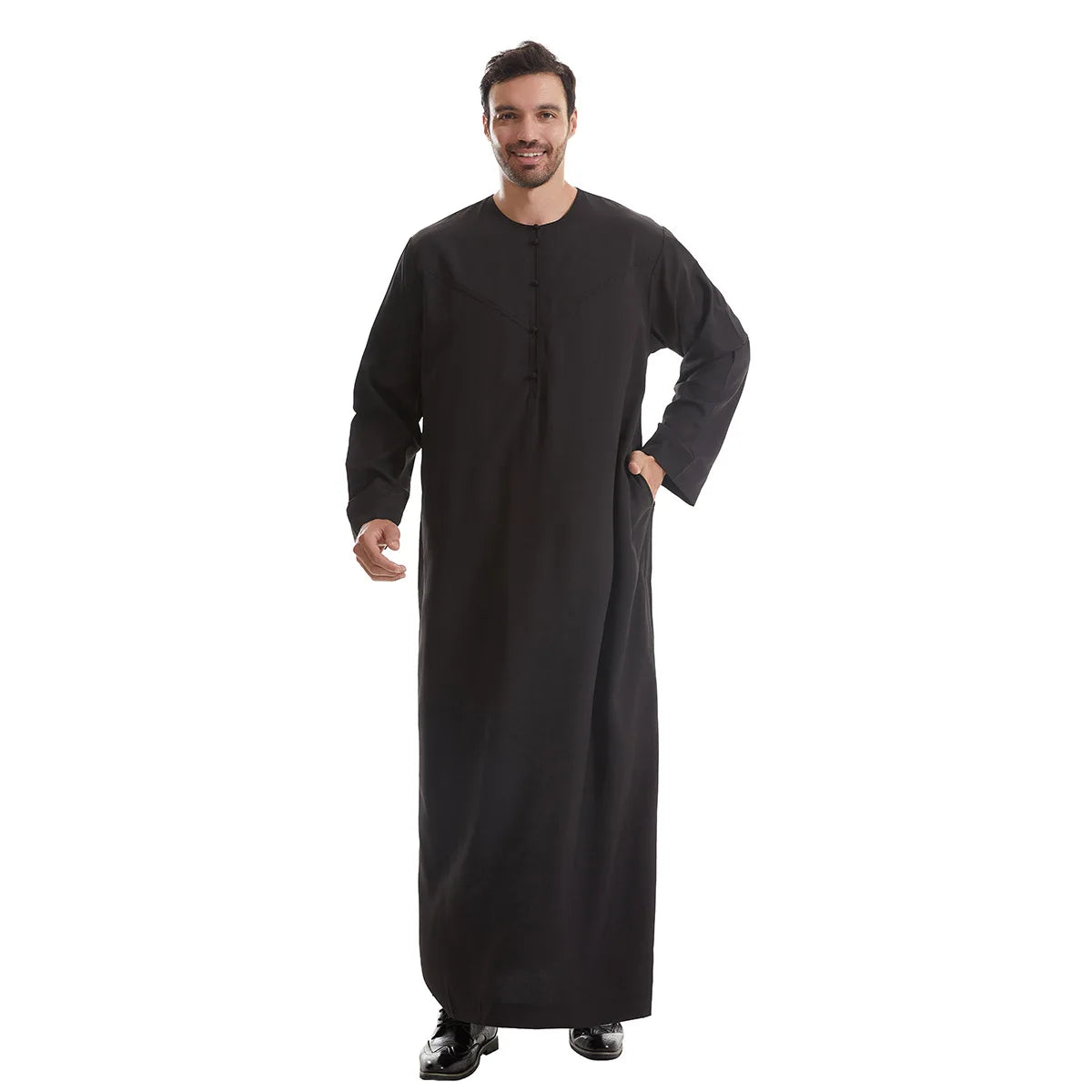 Men's Muslim Robe Ramadan Jubba Kaftan Dishdash Arabian Robe Solid Color Long Sleeve Loose T-shirt Dress Tunic Islamic Clothes