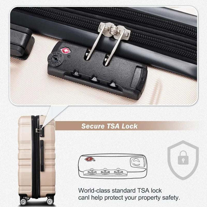 Luggage Sets 3 Piece Suitcase, Hardside Suit case with Spinner Wheels Lightweight TSA Lock, Ivory/Brown, 20/24/28 Inch