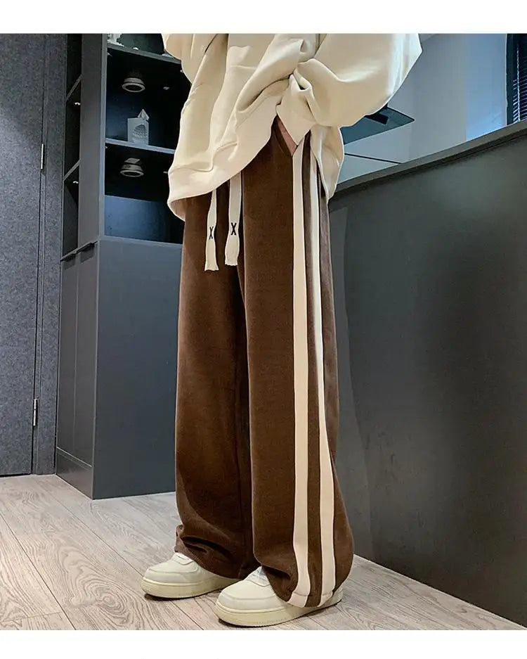 Fleece Thicken Corduroy Wide-leg Pants Men's Harajuku High Street Side Stripes Pants Casual Straight Elastic Waist Sweatpants