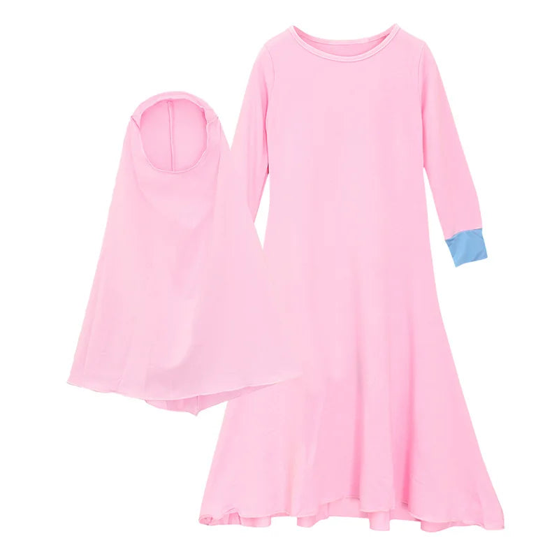 2Pcs Muslim Ramadan Sets Children Girls Prayer Dress Hijab Abaya Arab Kids Long Robe with Headscarf Islamic Robe Kaftan Gown