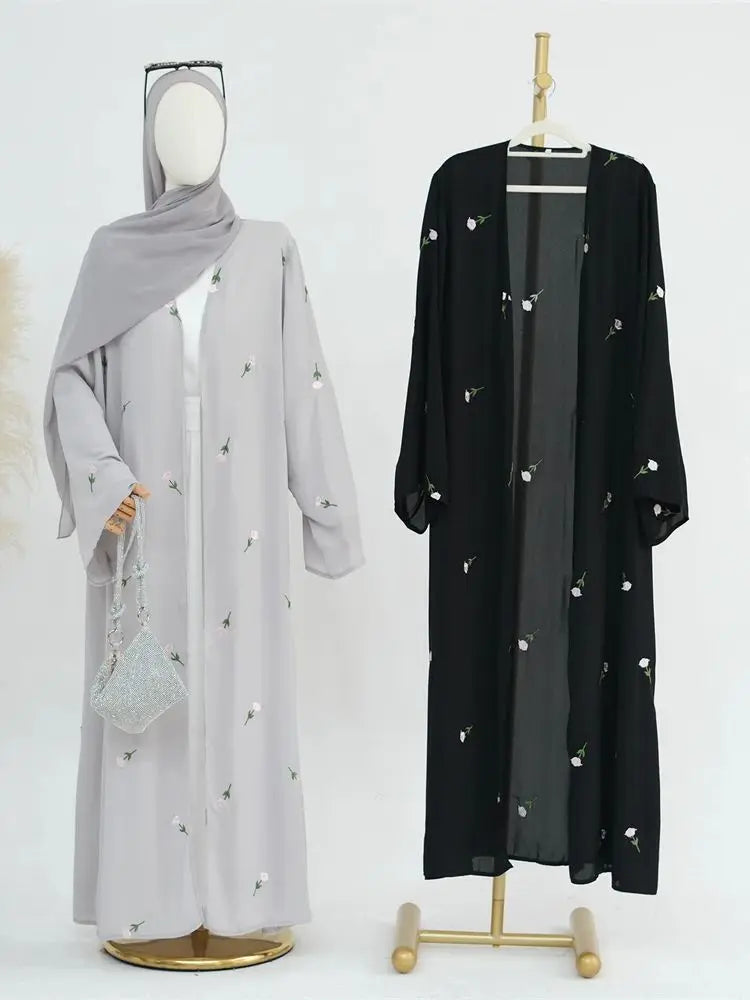 Open Muslim Women Embroidery Kimono Abaya Dubai Elegant Kaftan Modest Hijab Dress Set Islam Caftan Marocain Robe Femme Musulmane