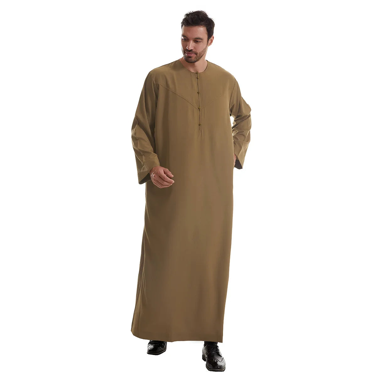 Men's Muslim Robe Ramadan Jubba Kaftan Dishdash Arabian Robe Solid Color Long Sleeve Loose T-shirt Dress Tunic Islamic Clothes