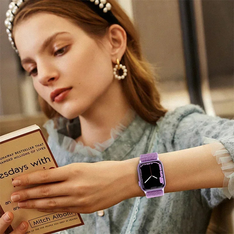 Bohemian Nylon Strap for Apple Watch ultra 2 49mm 41mm 45mm 38/40/44mm Elastic Shiny Bracelet iWatch Series 9/8/7 6 5 4 Se Band