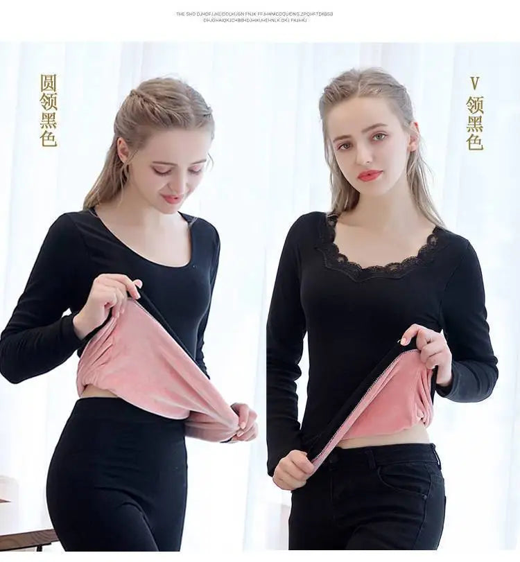 Women Winter Slim Fit Thermal T Shirt Thick Fleece Lace V-neck Solid Bottoming Shirt Thermal Underwear Long-sleeved Pullover Top