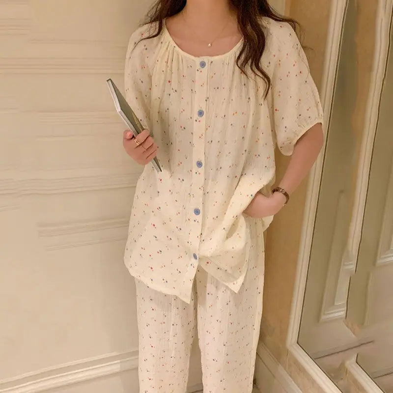 Spring Summer Floral Women Short Sleeves Pajamas Trousers Plaid 2 Piece Sets Leisure Home Clothes Various Colors Available