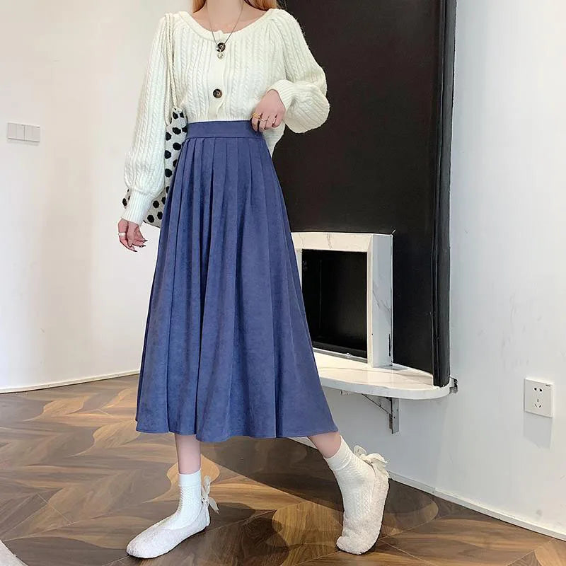 Xpqbb Korean Style Women's Midi Skirt 2022 Autumn High-Waisted Corduroy Long Skirt Women College Style Pleated A-Line Skirts