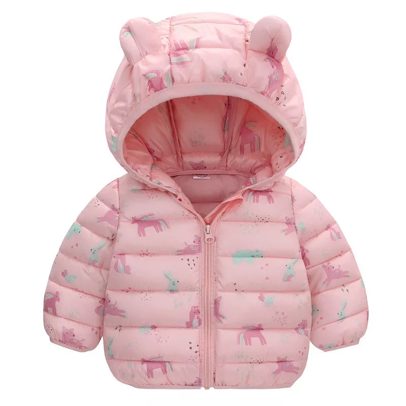 Baby Kids Jacket For Girls Hooded Coats Winter Children Cartoon Print Light Outerwear Infants Girls Boys Jacket Cotton Down Coat