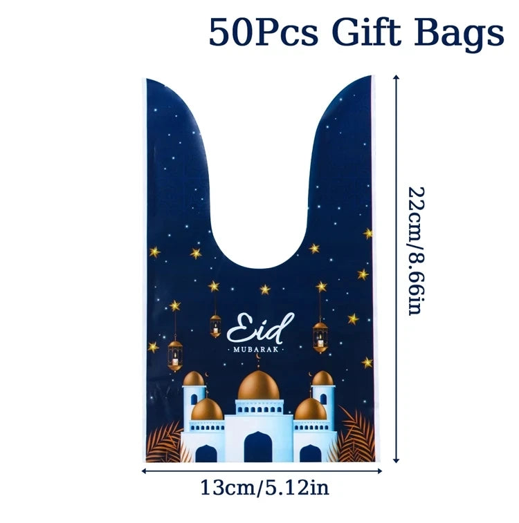 50pcs Eid Mubarak Gift Bags Plastic Bag Cookie Candy Ramadan Kareem Decoration 2024 Islamic Muslim Party Packaging Bag Pouch