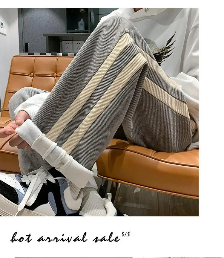 Fleece Thicken Corduroy Wide-leg Pants Men's Harajuku High Street Side Stripes Pants Casual Straight Elastic Waist Sweatpants