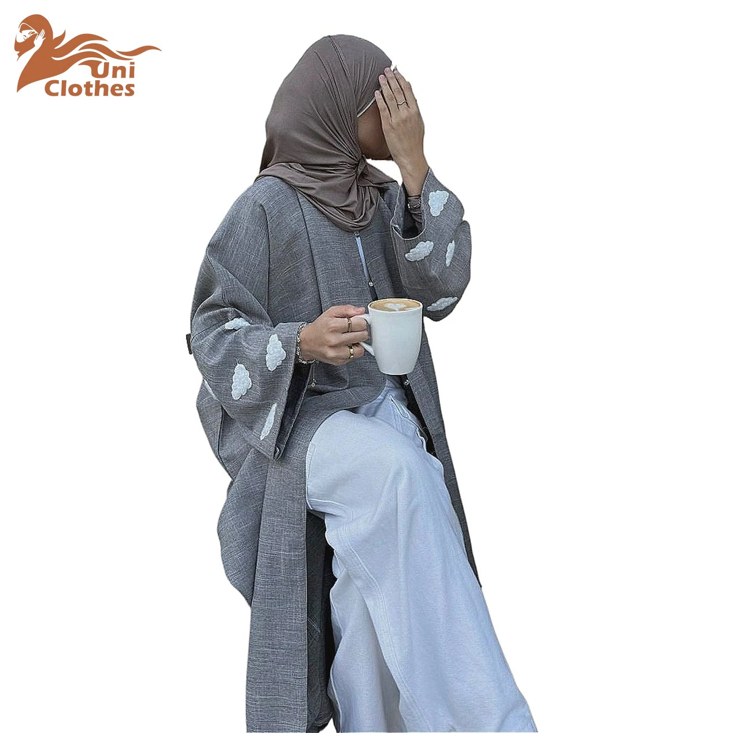 UNI Saudi Elegant Eid Open Abaya Muslim Modest Coat for Women Islam Turkey Embroidery Dress Cotton Linen Long Sleeve Clothing