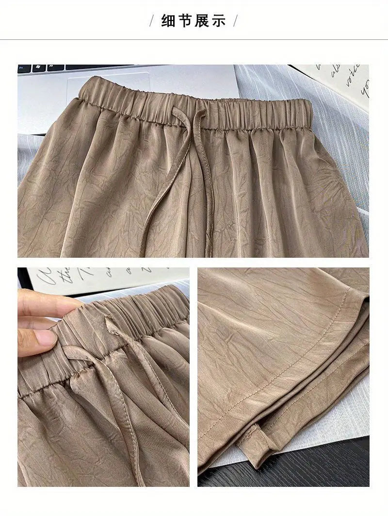 Spring Summer Ice Silk Satin Women's Pants Commuting High Waist Loose Straight Drape Casual Wide Leg Folds Full Length Pants