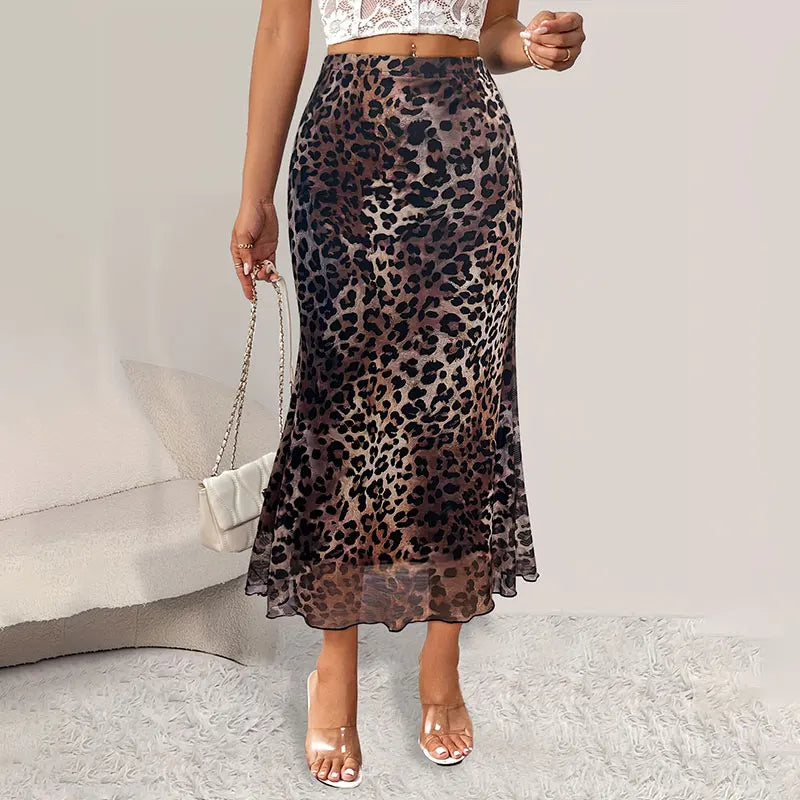 Women's Half Skirt Classic High Waisted Office Female Loose A-line Skirt Fashionable and Elegant Leopard Print Ladies Long Skirt