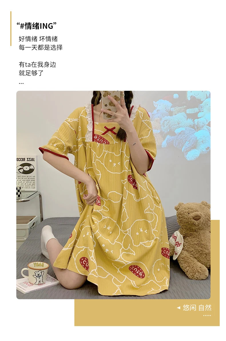 Summer New Knitted Cotton Kawaii Girls Checked Sleep Dress Women's Nightgowns Nighttie Sleepshirts Ladies Dresses Home Fashion