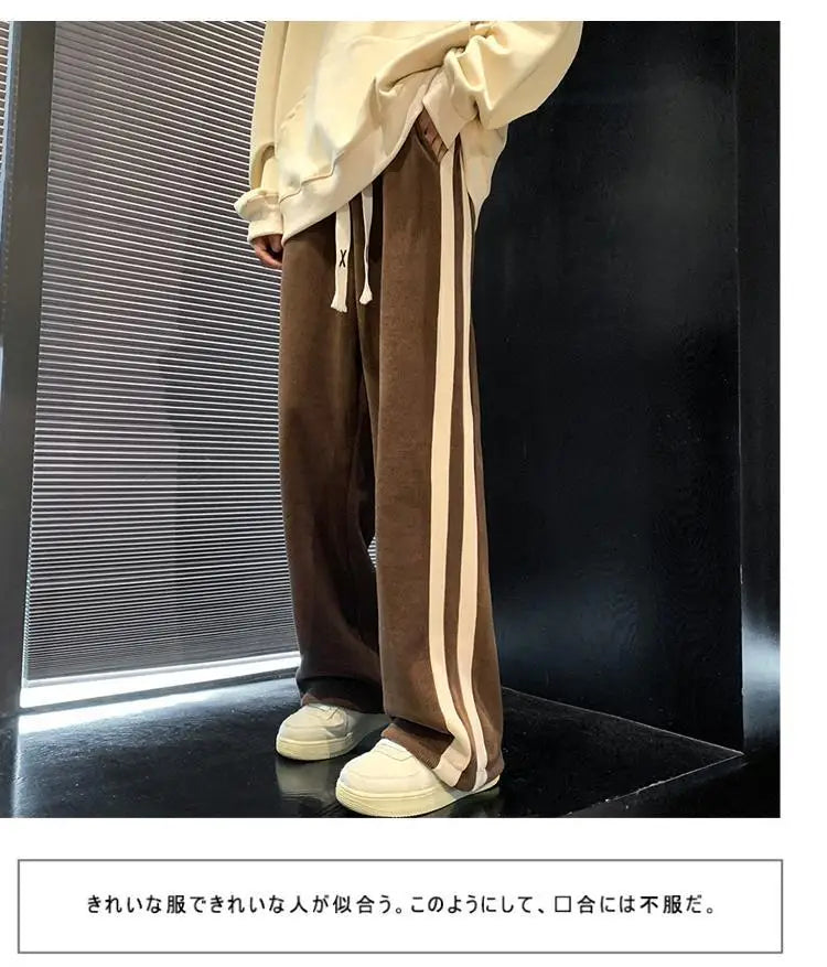 Fleece Thicken Corduroy Wide-leg Pants Men's Harajuku High Street Side Stripes Pants Casual Straight Elastic Waist Sweatpants