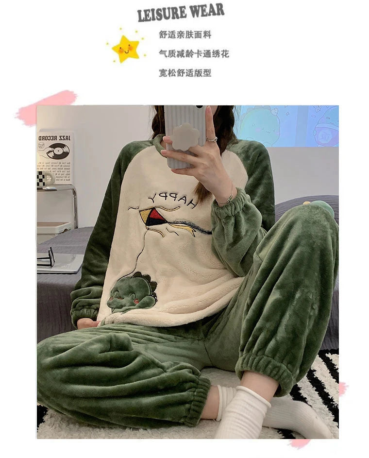 Autumn Winter Women's Pajamas Cute Cartoon Printed Sleepwear Casual Home Wear Set Girl Knitted Size M-3XL Pijamas Fashion Pyjama