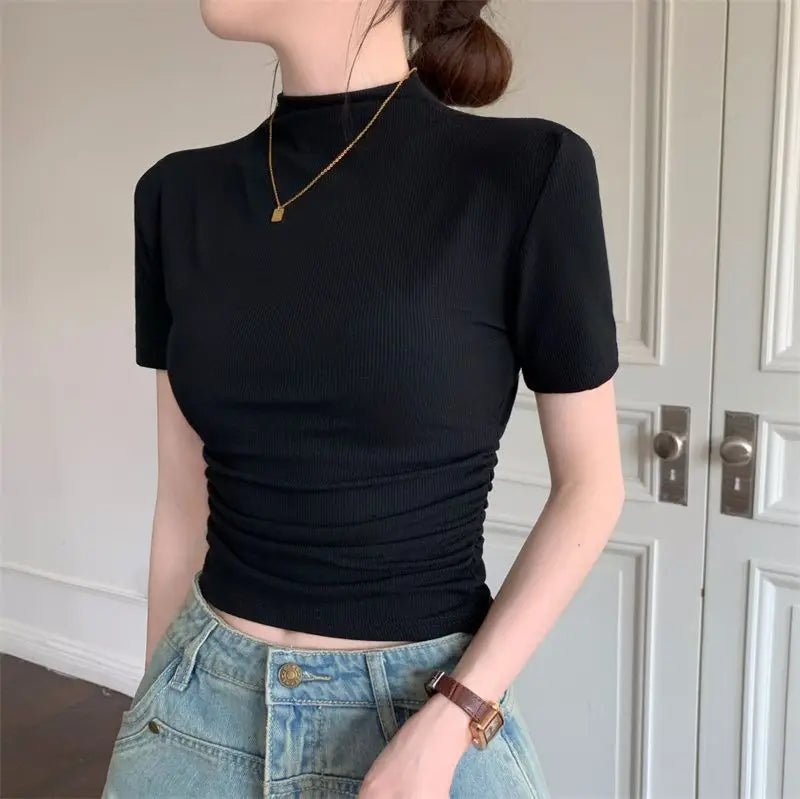 Fashion Women's Short T-shirt middle collar Slim fit Short Sleeve Casual Tee Tight Folds Wild High Waist Workout Yoga Tops