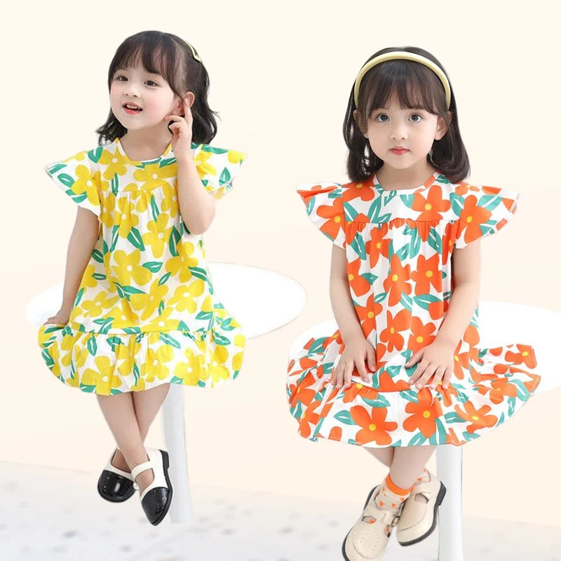 Girl Dresses100% Cotton Children's Clothing Summer Kids Clothes Girls Party Princess Fashion Outfit Flower Pattern Beach Dresses